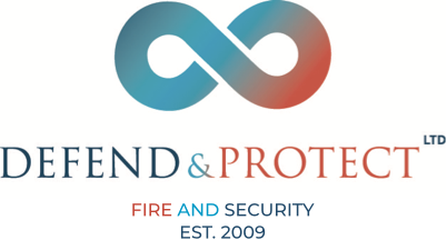 Defend & Protect Ltd logo with blue-red infinity symbol and text &ldquo;Fire and Security Est. 2009&rdquo;