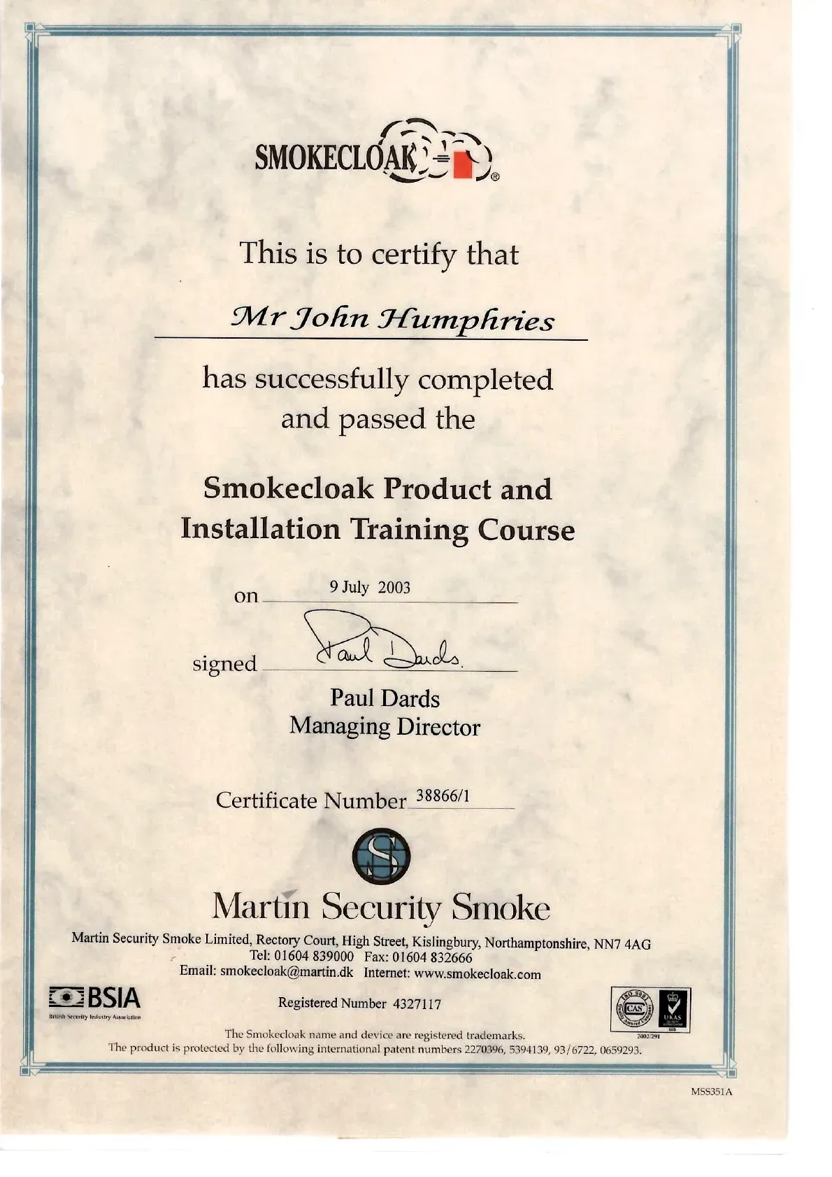 Sungard certificate for John (handwritten), with Securitron and Martin Security Services logos.
