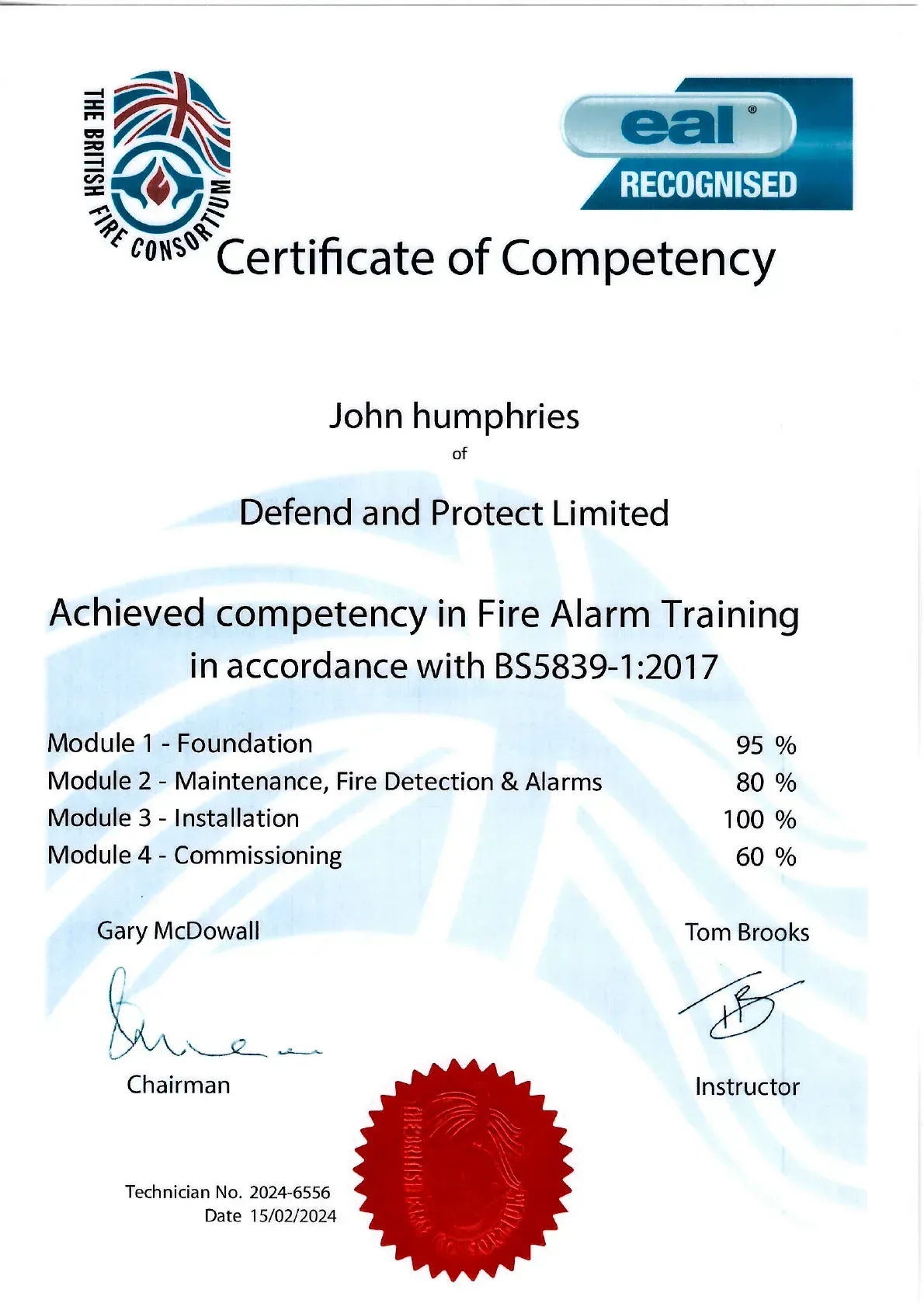 Certificate of Competency for John Humphries from Defend and Protect Limited, with EAU logo and red seal