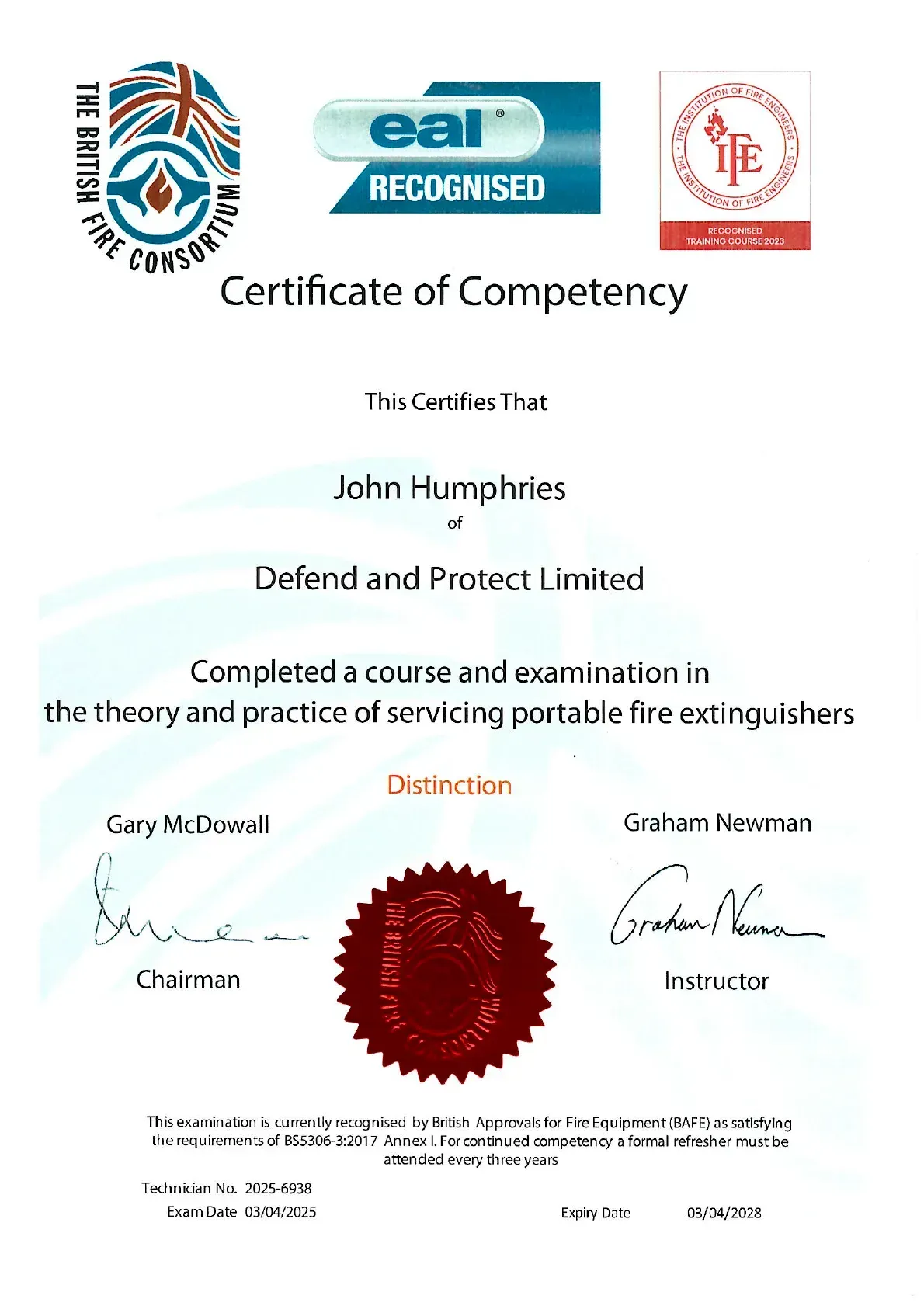 Certificate of competency for John Humphries from Defend and Protect Limited with official seals and signatures