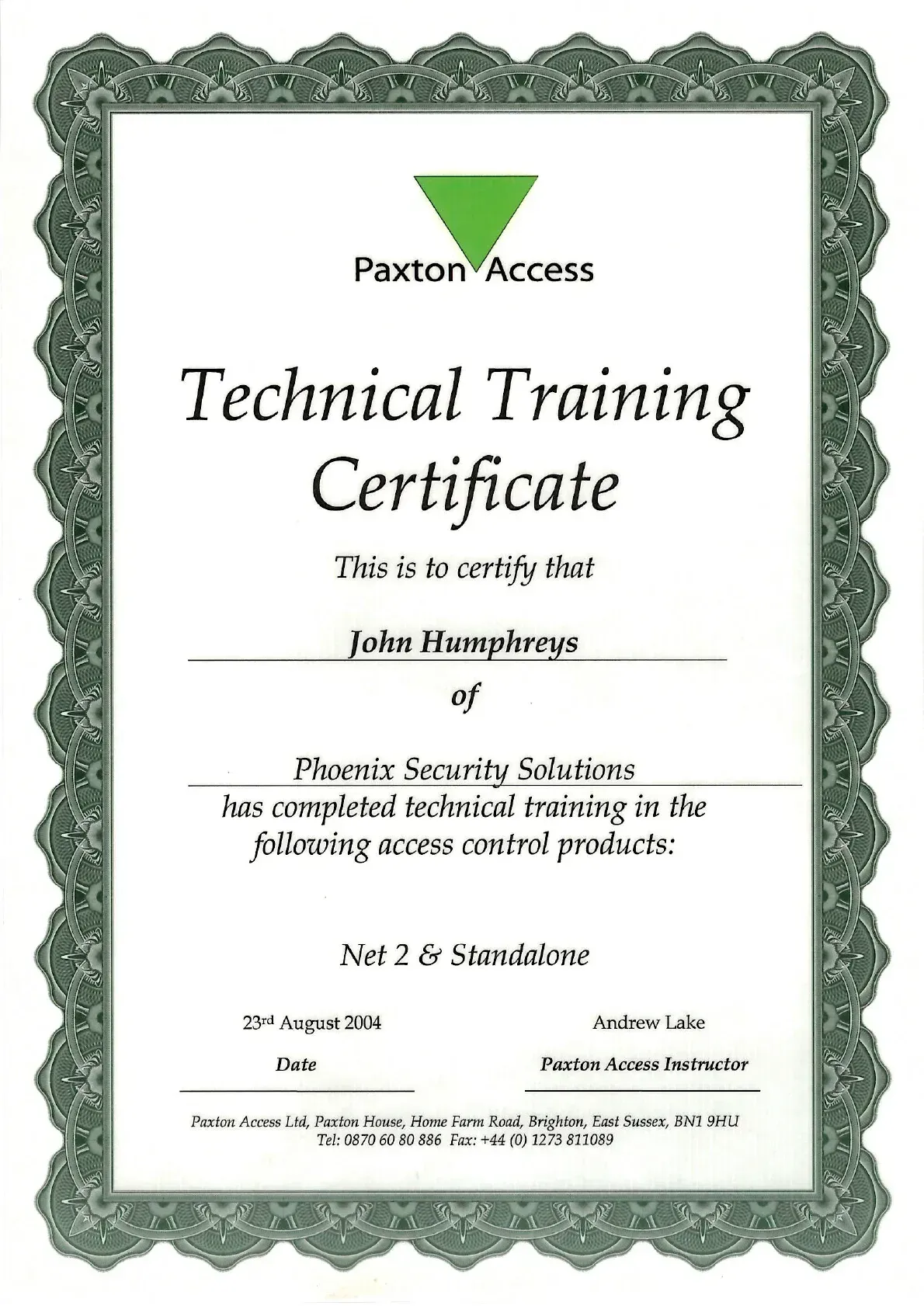 Technical Training Certificate with green decorative border and centered text from Paxton Access