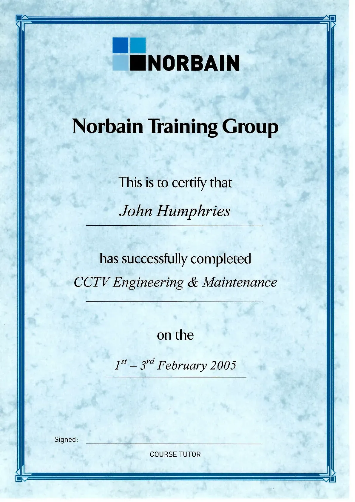 Norban Training Group certificate for John Hampson, CCTV Engineering & Maintenance completion on 2–5 February 2025