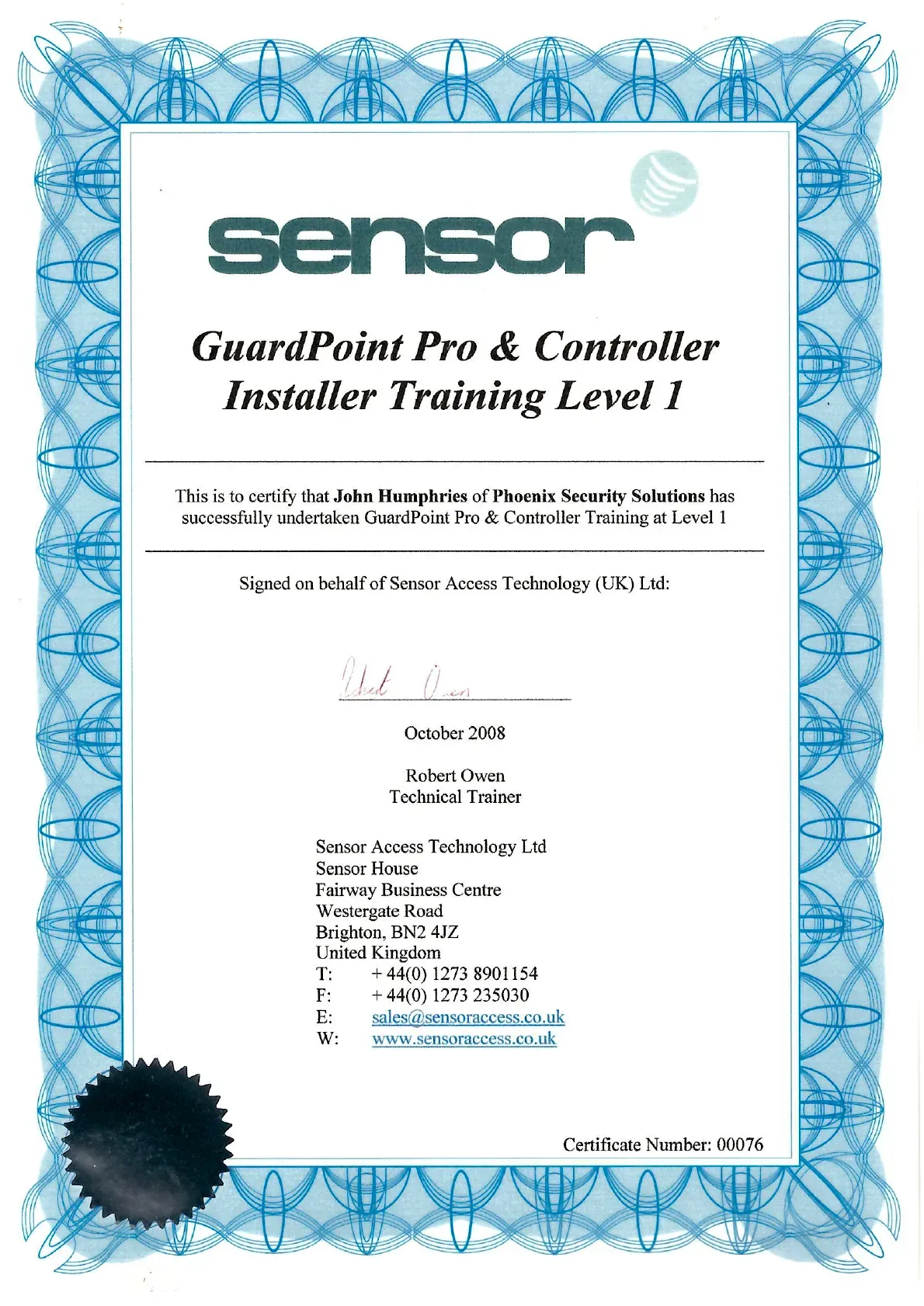 Blue-bordered certificate for Sensor GuardPoint Pro C Controller Installer Training Level 1.