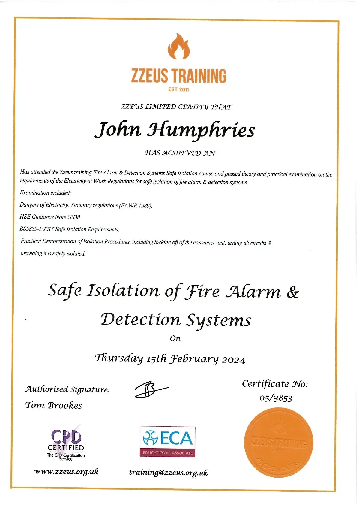 Certificate from Zzeus Training for John Humphries, Safe Isolation of Fire Alarm and Detection Systems, with logos and seal