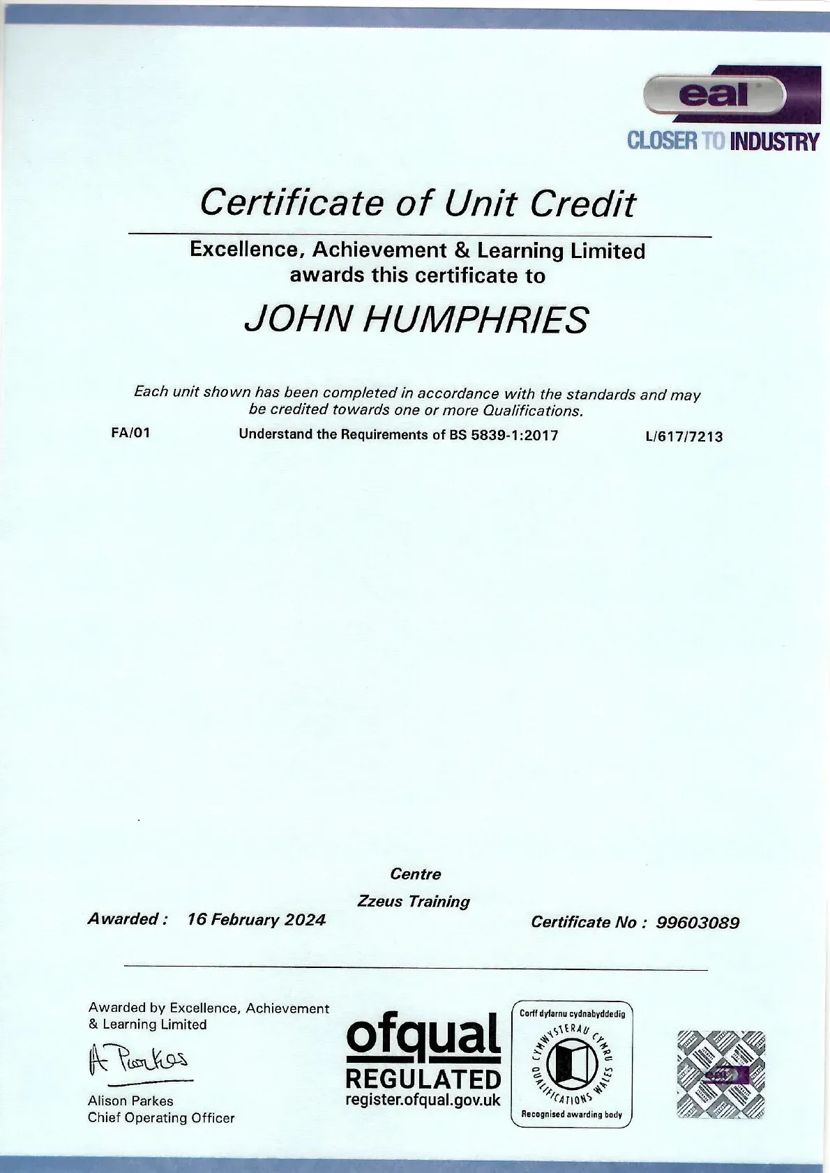 Certificate of Unit Credit for John Humphries with EAL and Equal sign logos