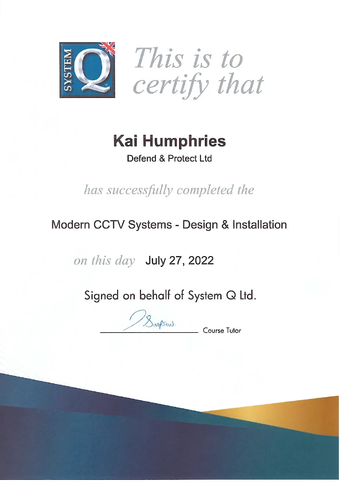 Certificate for Kai Humphries, awarded by Modern CTV Systems, with blue and orange diagonal accents.