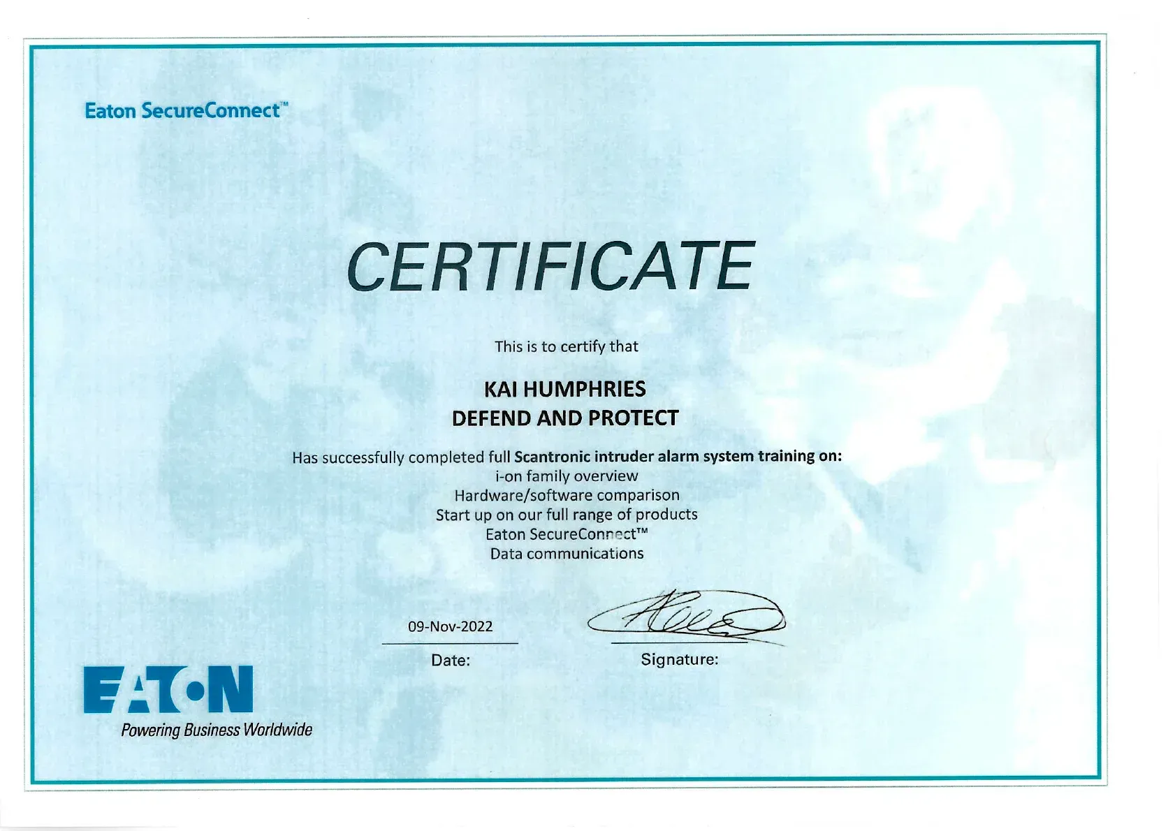 Eaton certificate on light blue background with black text and logo