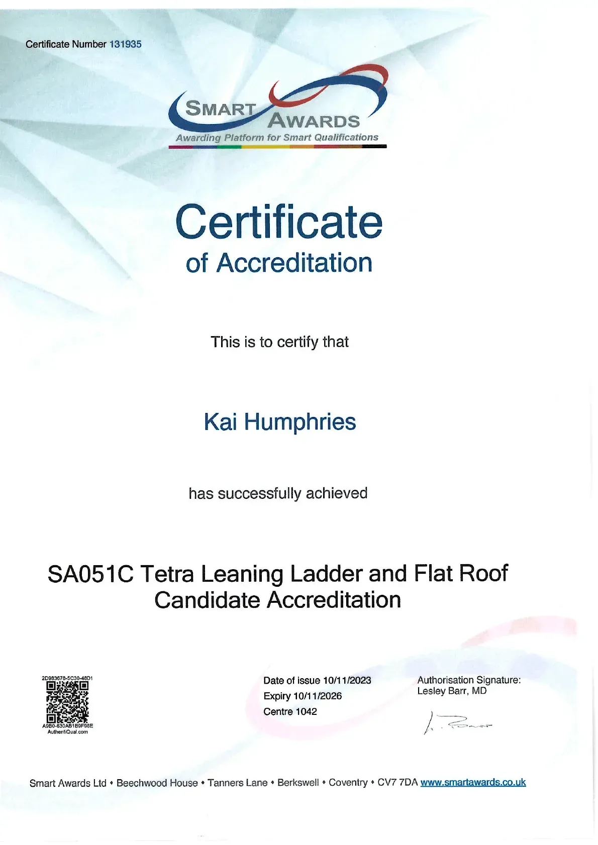 Certificate of Accreditation for Kai Humphries, SAOSIC Tea Learning Ladder and Flat Roof Candidate Accreditation