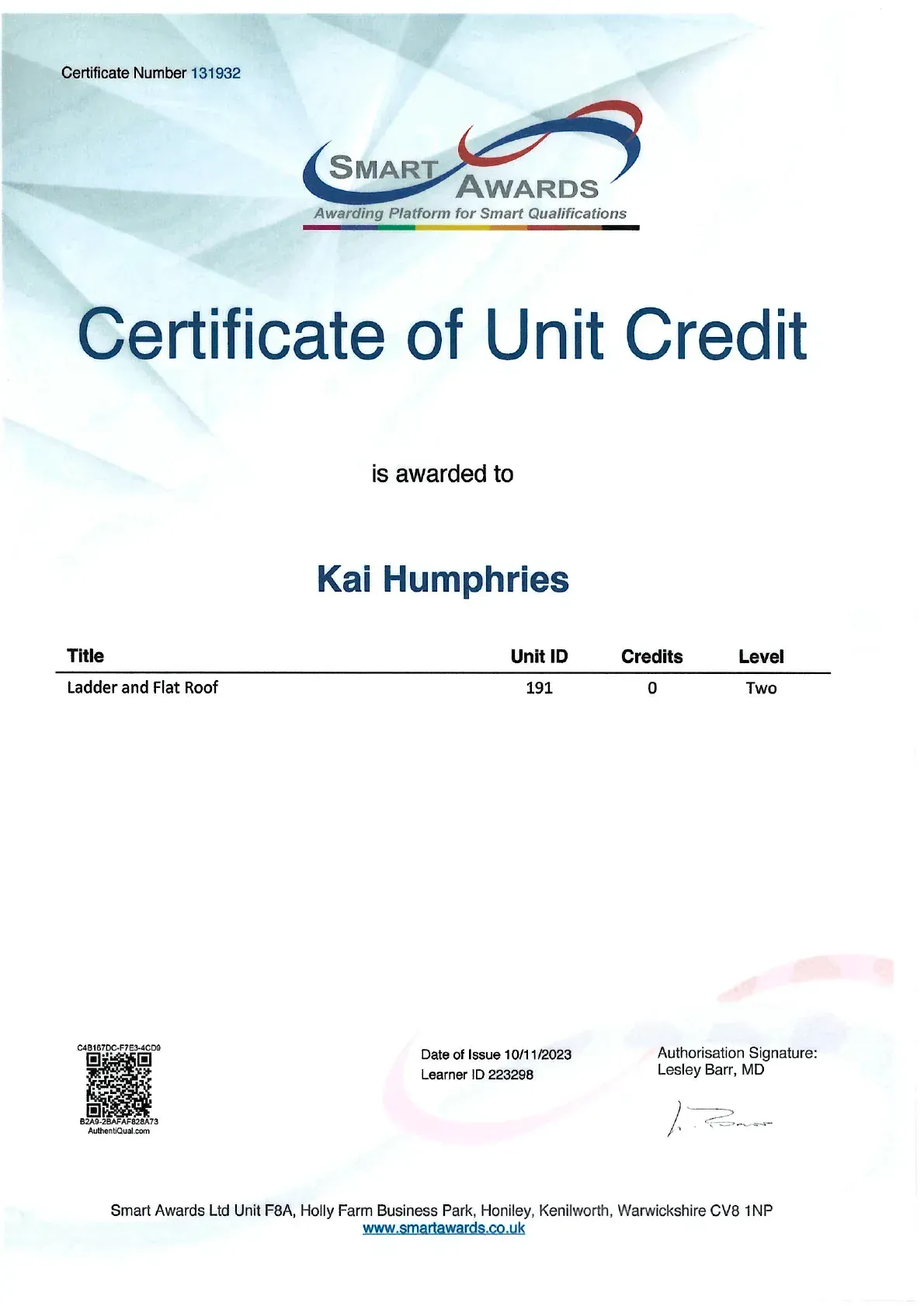 Certificate of Unit Credit from S-Mark Awards with recipient name Kai Humphries on a white background