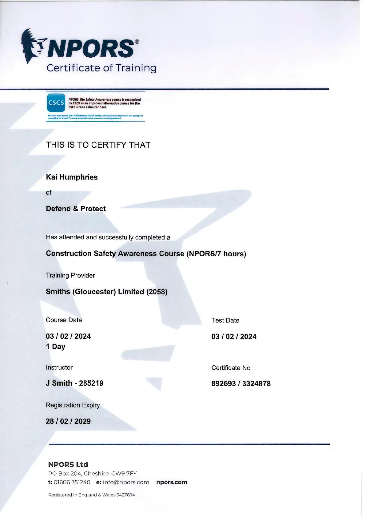 NPORTS certificate of training document with blue header and black text on white background