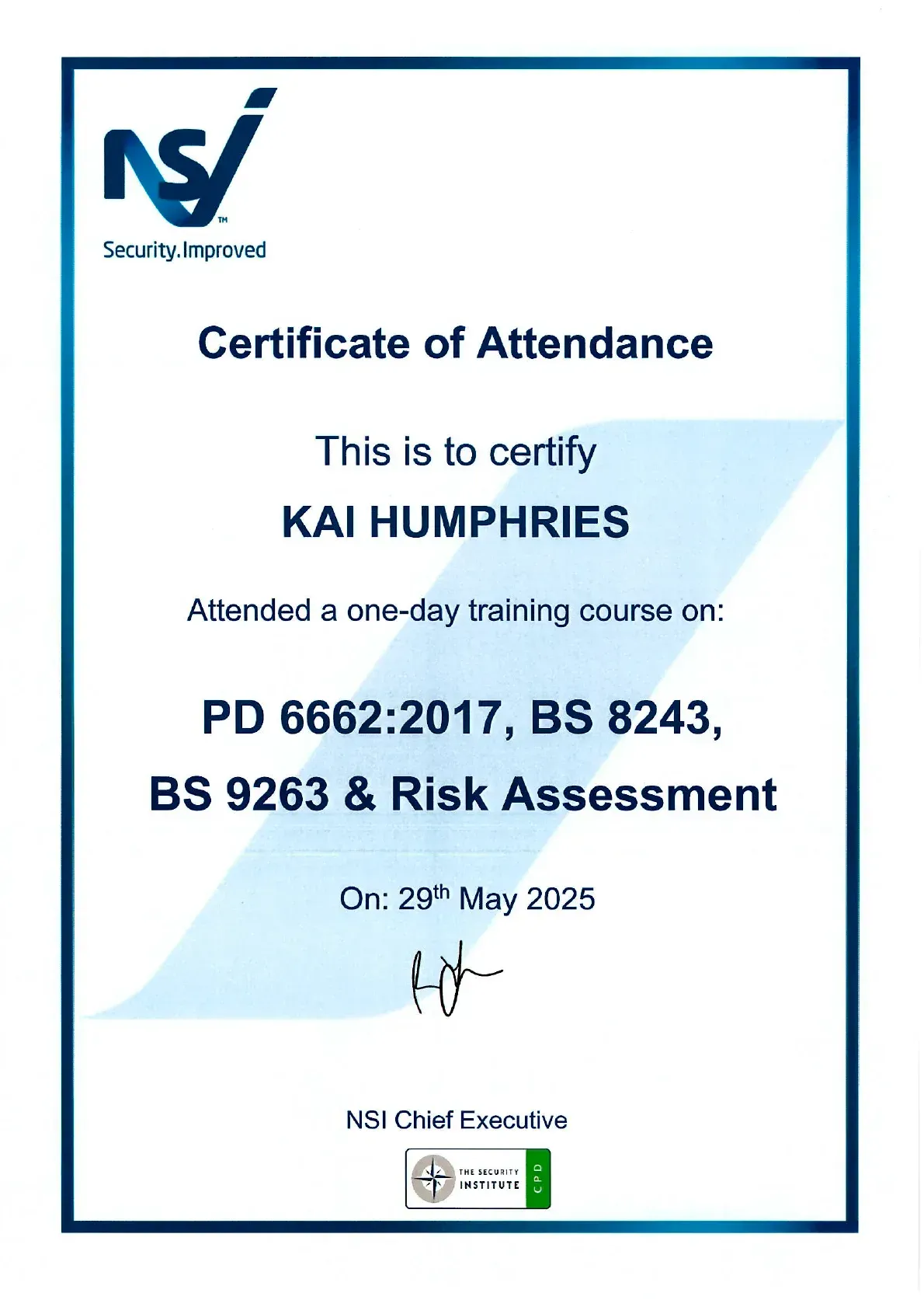 Certificate of Attendance for Kai Humphries in PD 6662:2017, BS 8243, BS 9263 & Risk Assessment, white and blue design