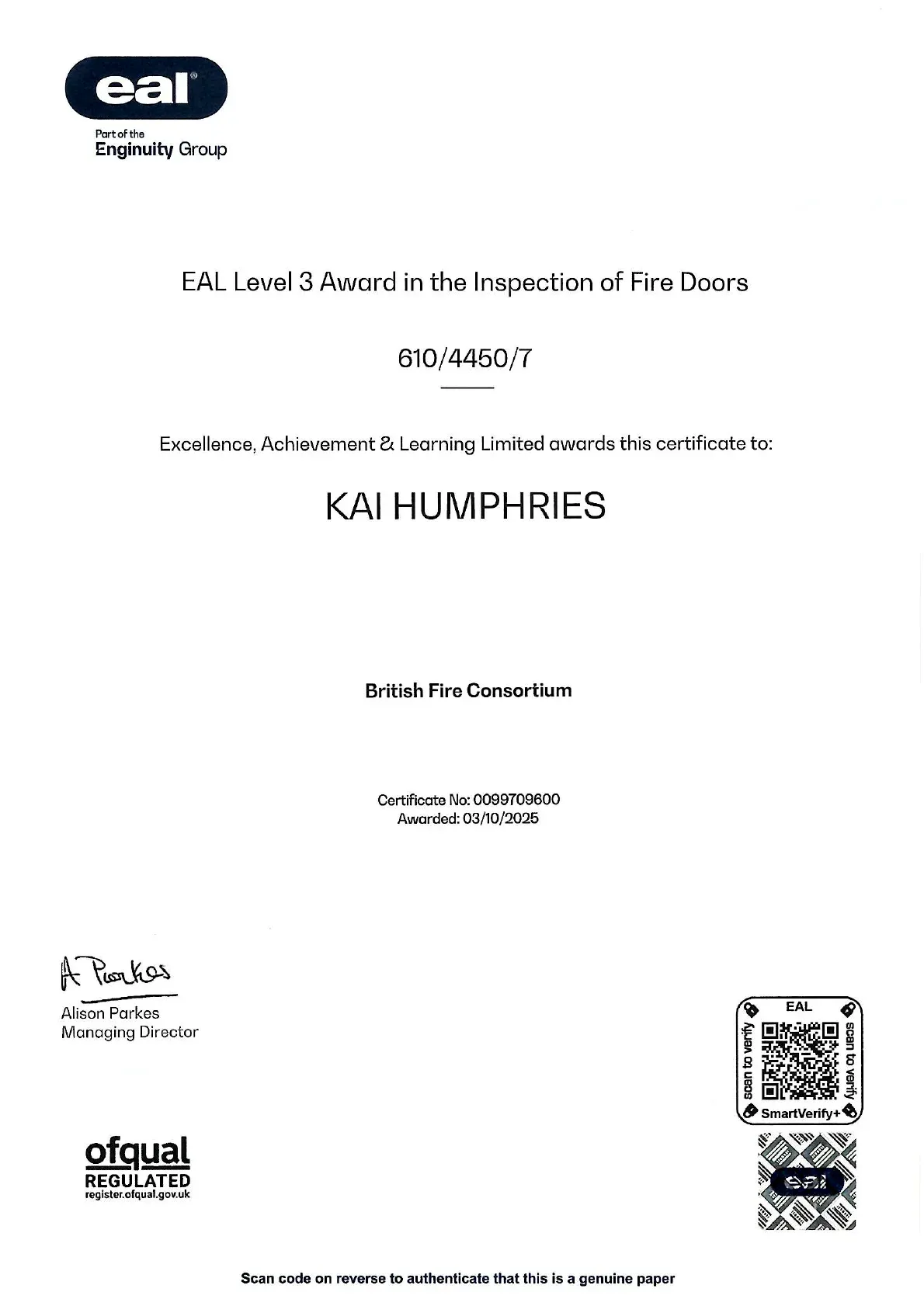 Cover page of a document titled “KAI HUMPHRIES” with logos and QR codes on a white background