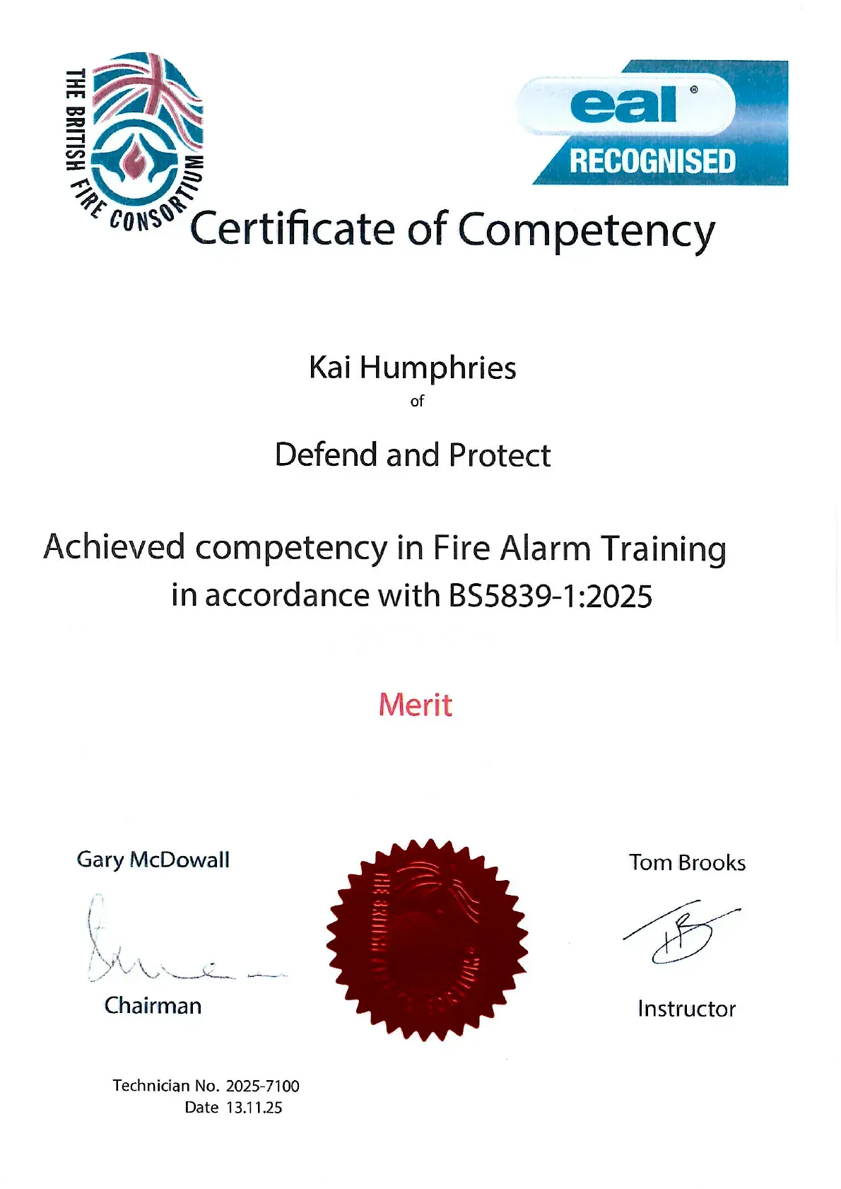 Certificate of Competency for fire alarm training, with logos, signature, and red seal on white background