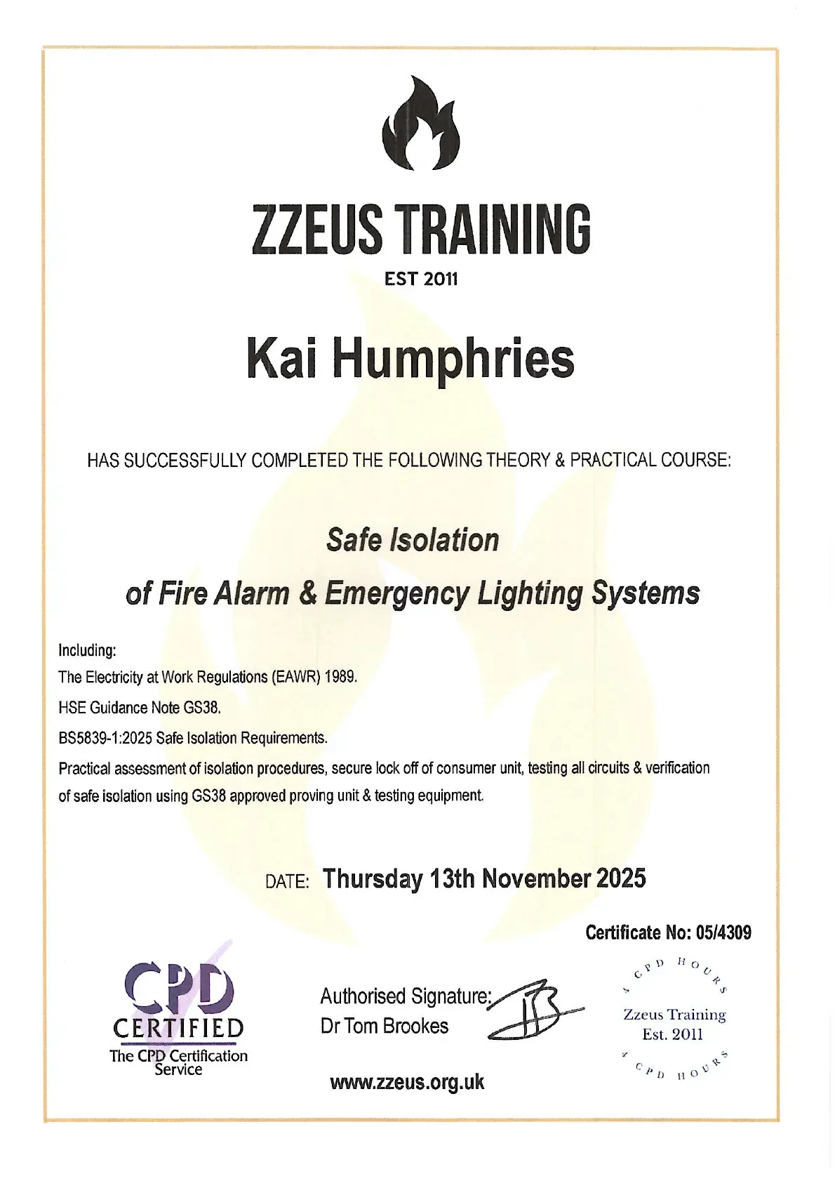 Zzeus Training certificate for Kai Humphries, Safe Isolation and fire alarm emergency lighting practices.