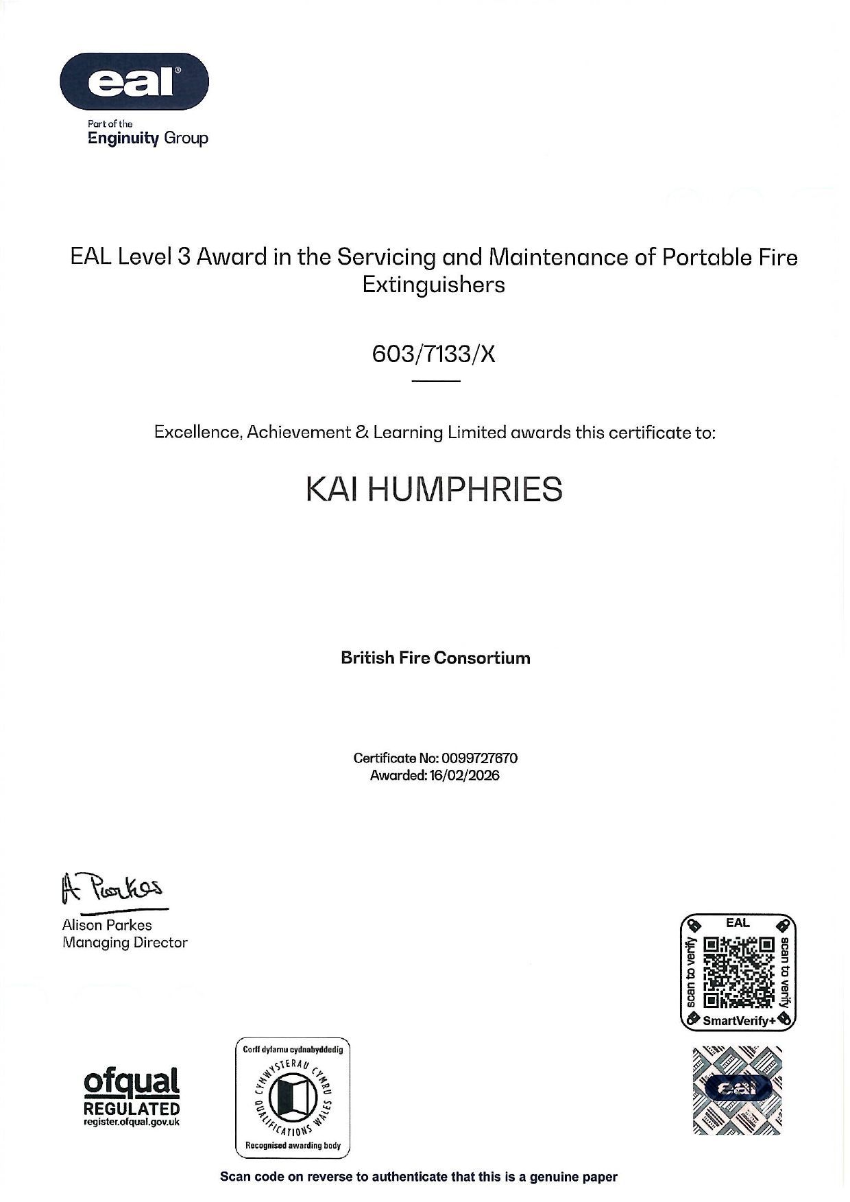Certificate cover for EAL level 3 food safety and hygiene for home cooks, with QR code and logos