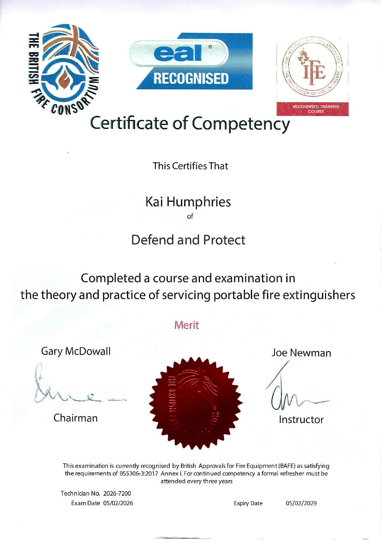 Certificate of Competency for Kai Hangraves in Defend and Protect, with EAL red badge and signatures