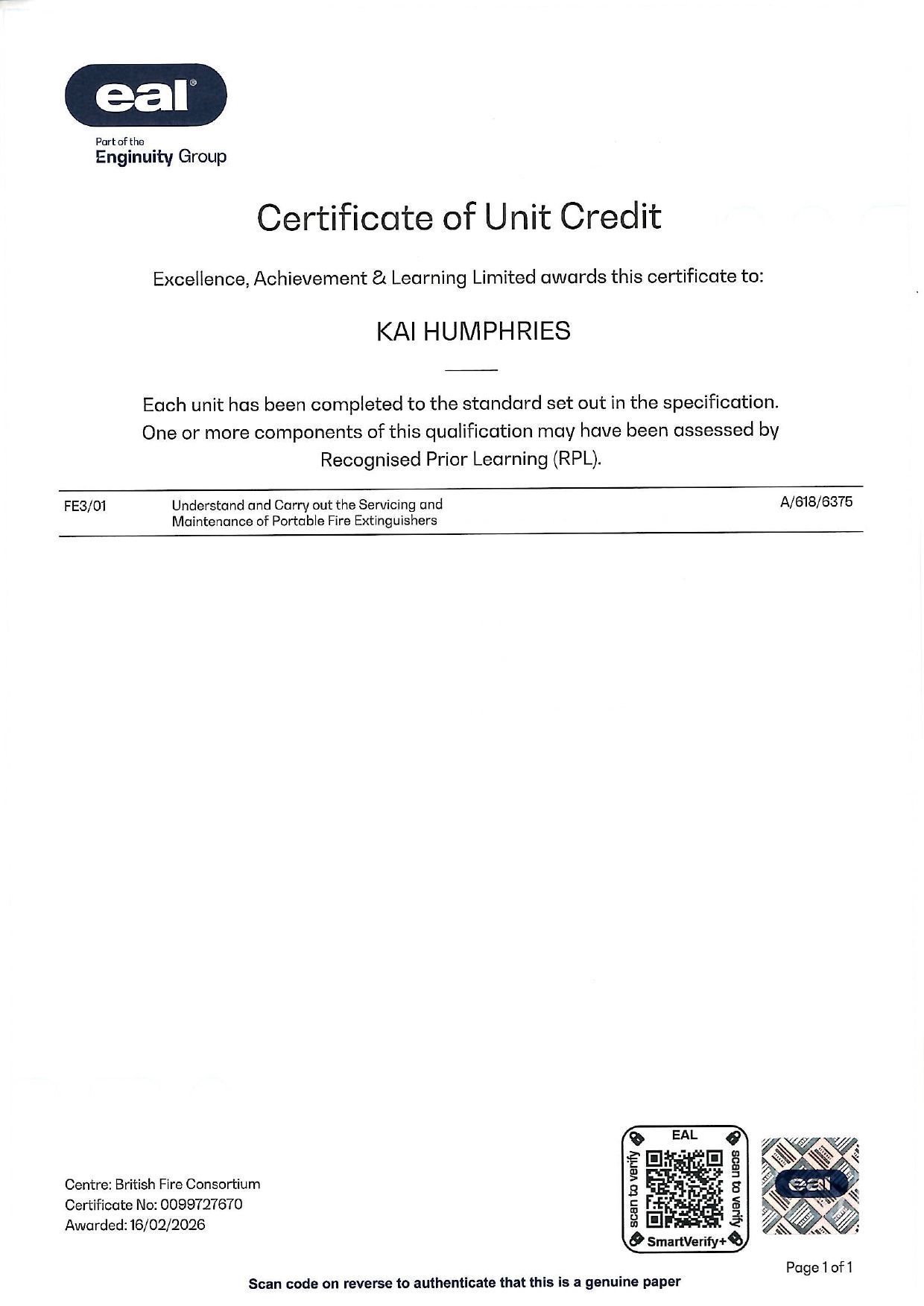 Certificate of Unit Credit document with logo, text, and QR code on a white page