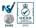 NSI Silver and UKAS Product Certification 0142 logos with crown and checkmark icons