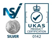 NSI Silver and UKAS Product Certification 0142 logos with crown and checkmark icons