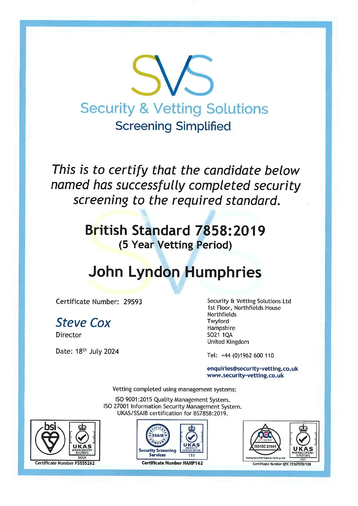 Blue-bordered SVS security and vetting certificate for John Lyndon Humphries with signatures and stamps