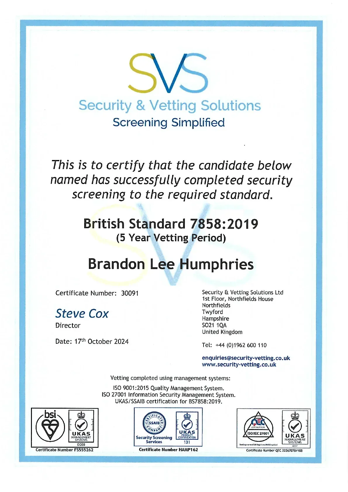 Blue bordered SVS Security & Vetting Solutions certificate for Brandon Lee Humphries, British Standard 7858:2019 screened.