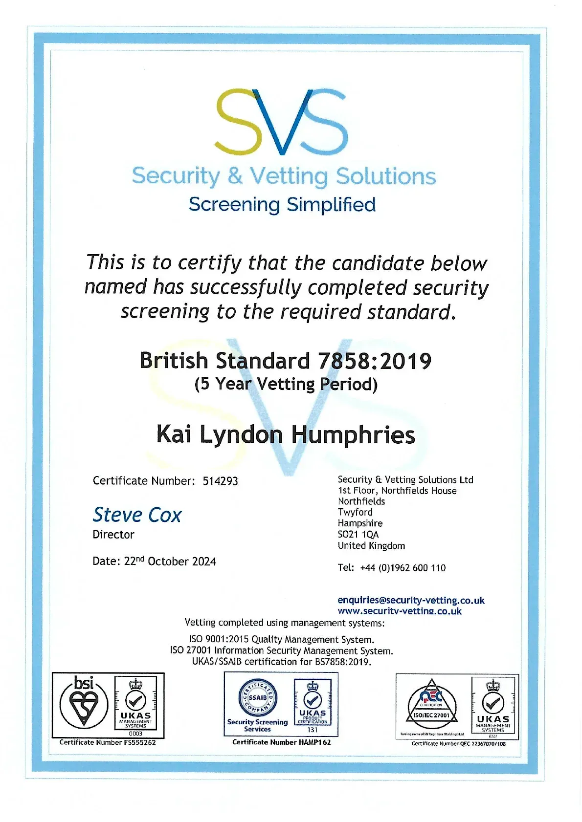 Blue-bordered SVS security screening certificate for British Standard 7858:2019, naming Kai Lyndon Humphries.