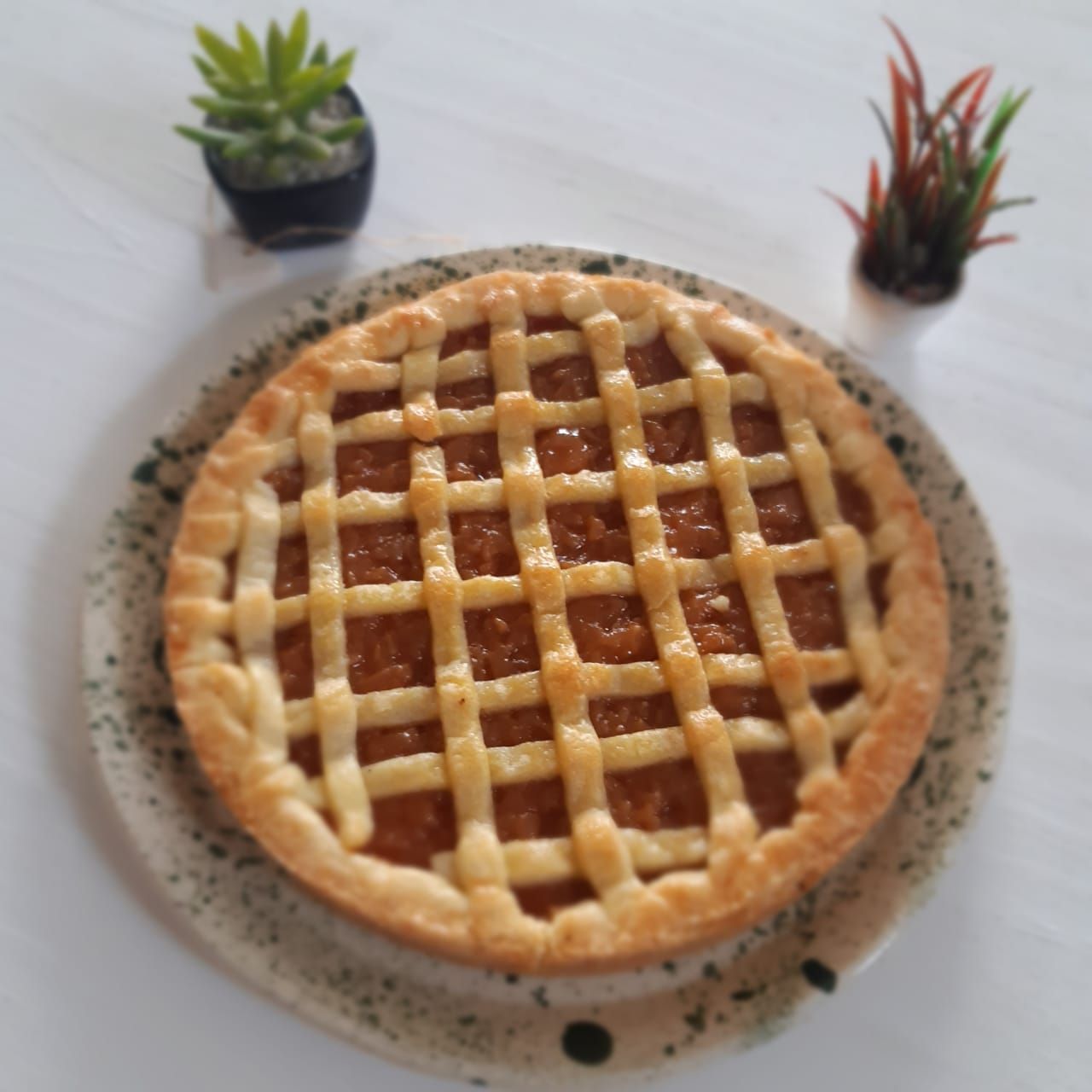 Tarta con rejilla en un plato moteado con dos pequeñas suculentas en maceta sobre una mesa blanca.