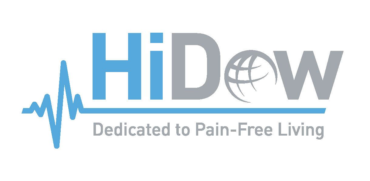HiDow logo with blue heartbeat line and tagline “Dedicated to Pain-Free Living”