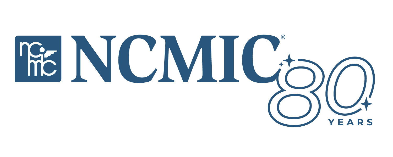 NCMIC logo with “80 years” anniversary mark in blue and silver