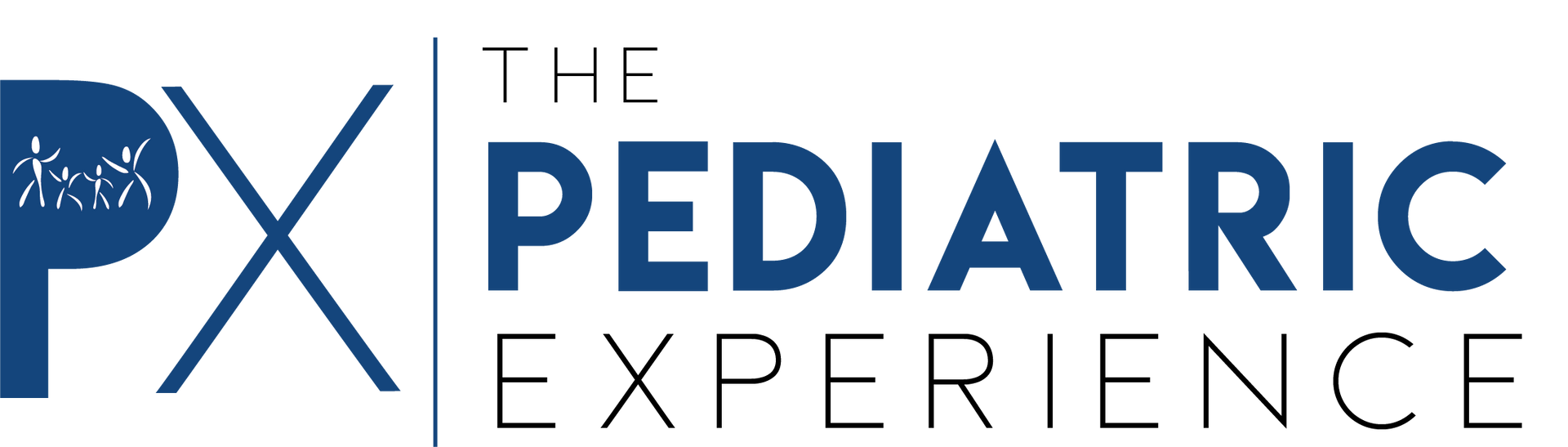 Logo for The Pediatric Experience with blue and gray text and a stylized “PX” icon