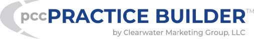 Pcc Practice Builder logo with blue text and gray swoosh, by Clearwater Marketing Group LLC