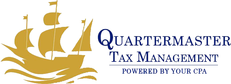 Gold sailing ship logo with Quartermaster Tax Management text and “Powered by your CPA” subtitle