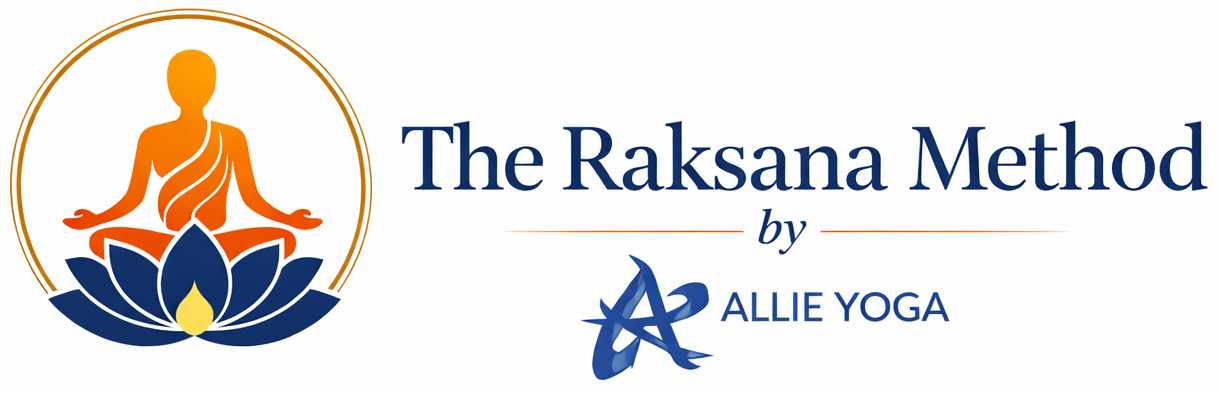 Logo for The Raksana Method by Allie Yoga, with orange meditating figure and blue lotus design