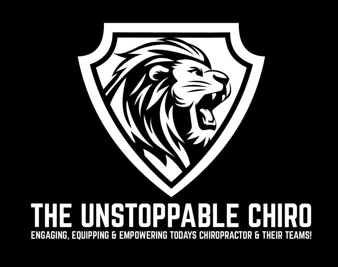 Black-and-white lion head shield logo with text: “The Unstoppable Chiro”