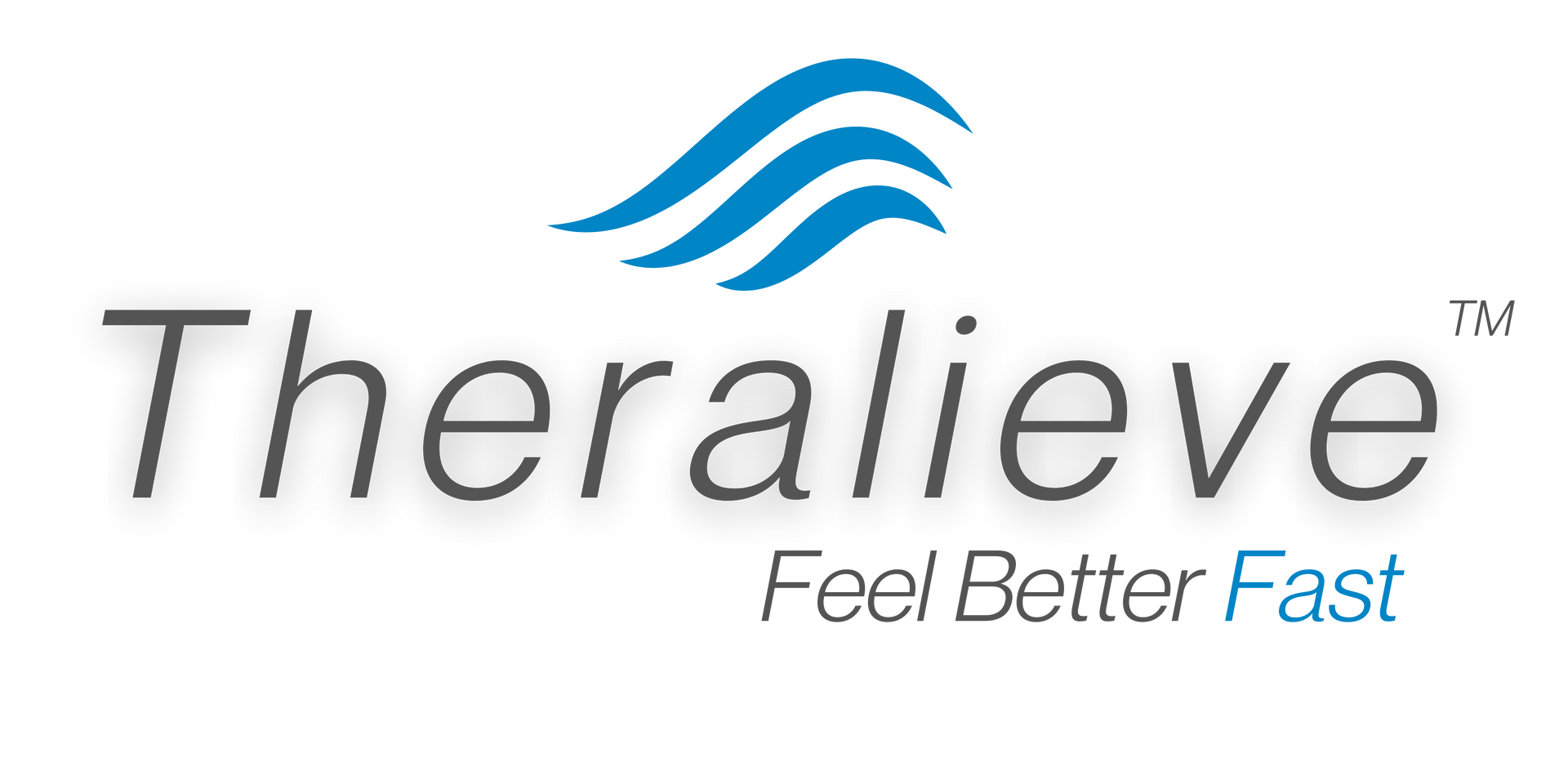 Theralieve logo with blue wave icon and gray text, tagline “Feel Better Fast”