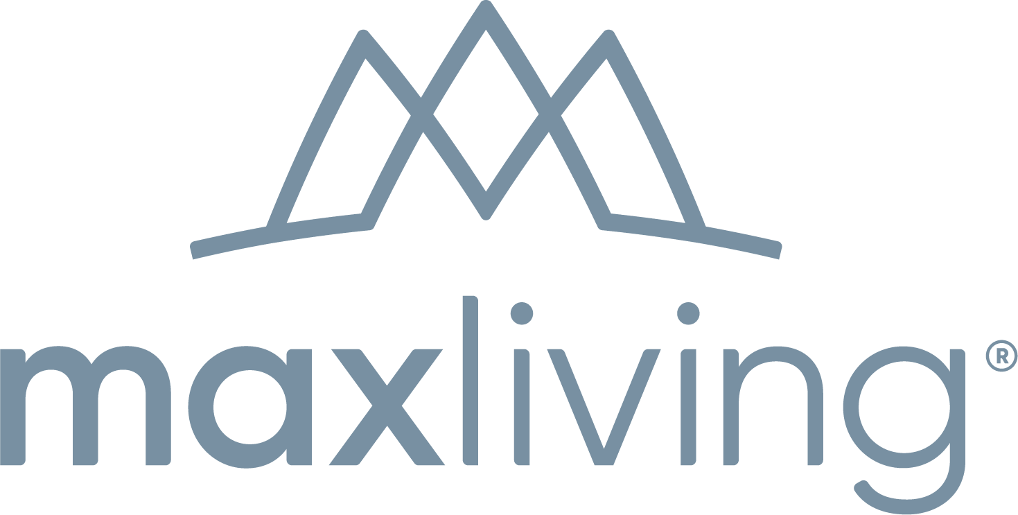 MaxLiving logo with gray mountain icon and lowercase gray text