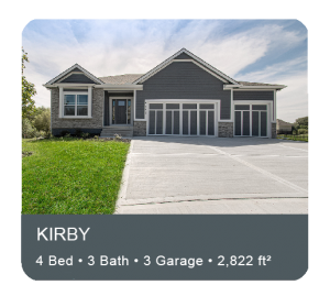 Modern gray house with large driveway and lawn, labeled “Kirby,” 4 bed, 3 bath, 3 garage, 2,822 ft²