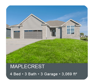 Modern gray house with 3-car garage, green lawn, and blue sky; listing labeled Maplecrest.