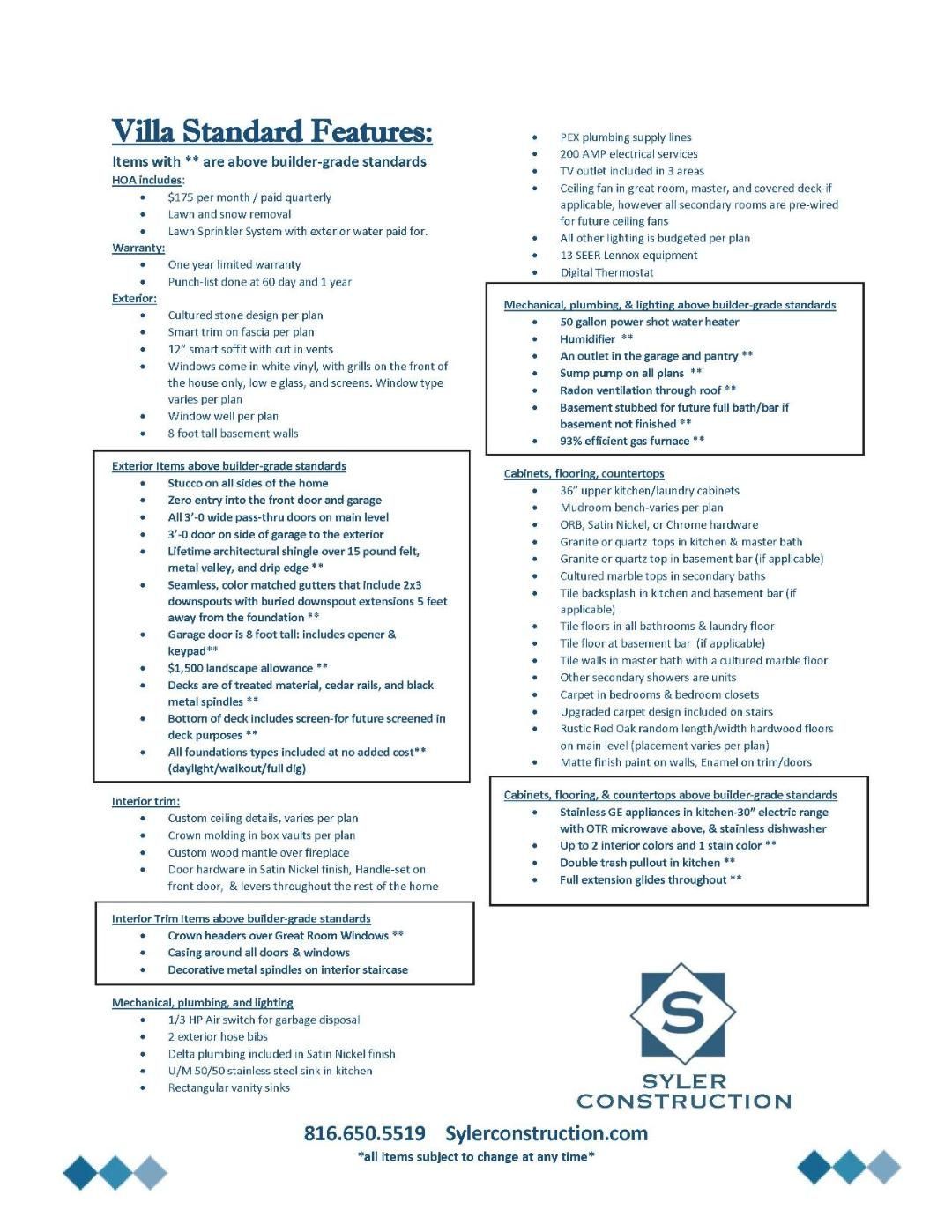 White construction features sheet with text boxes and blue Sullivans Construction logo at bottom.