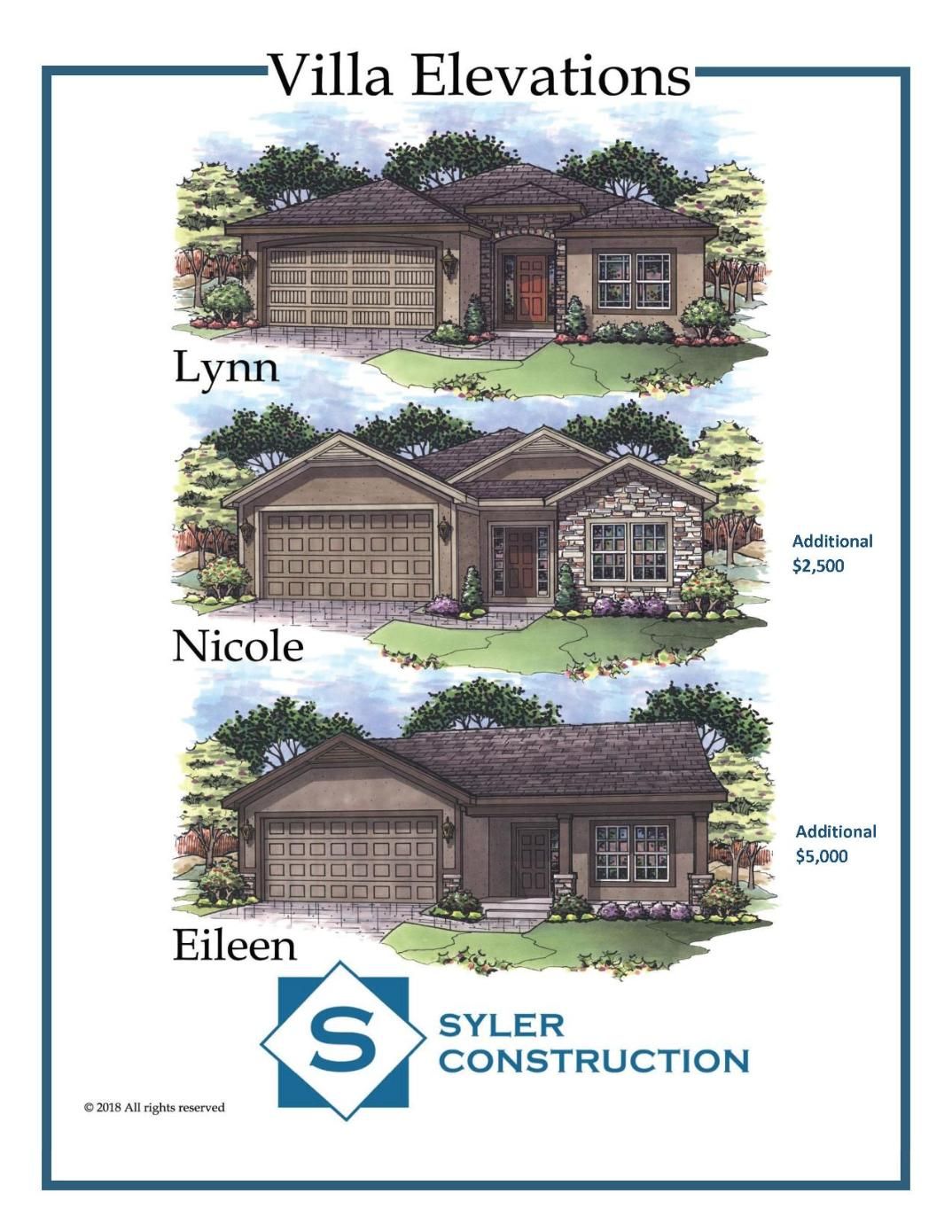 Villa elevations sheet showing three home designs labeled Lynn, Nicole, and Eileen with Syler Construction logo.