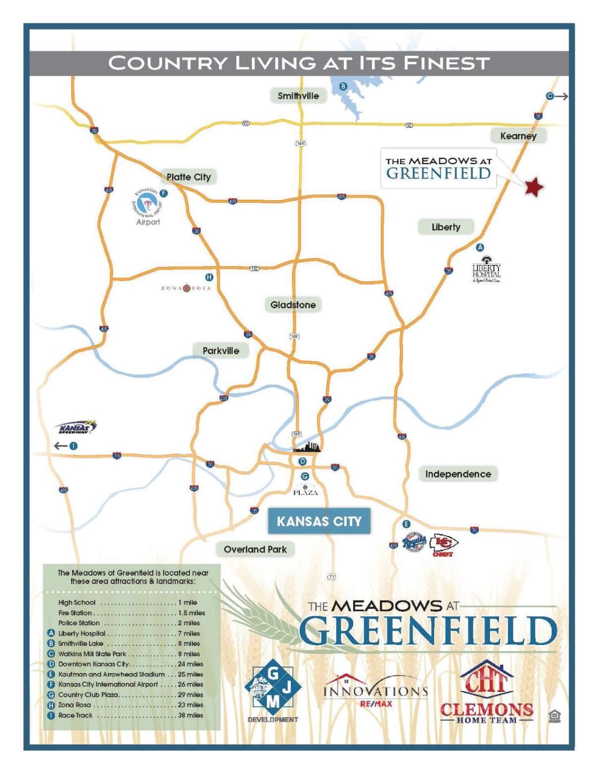 Map-style flyer for Meadows at Greenfield in Kansas City, with roads, landmarks, and a beige background