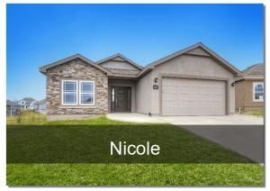 Single-story brick house with two-car garage and green lawn, labeled “Nicole”