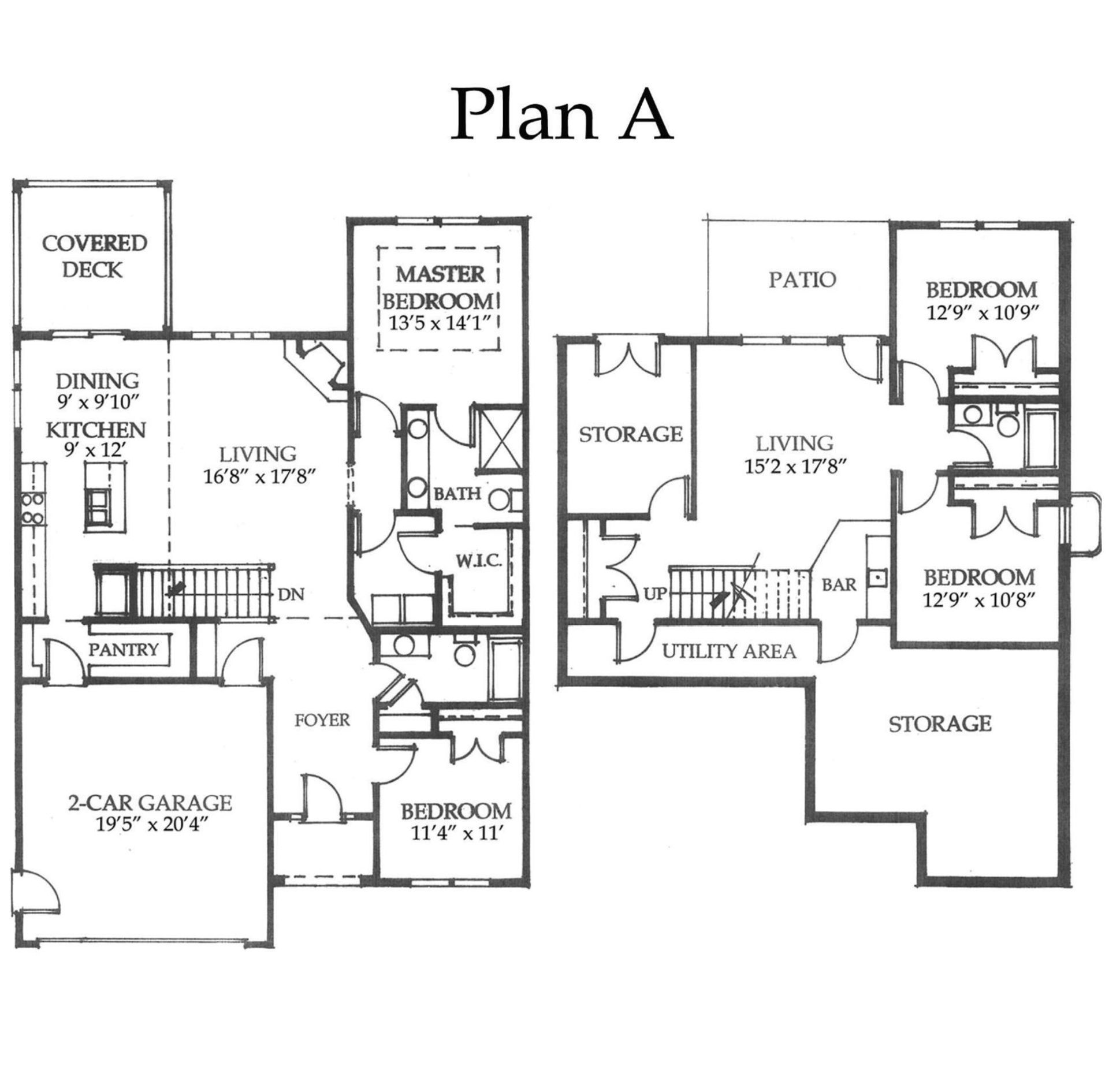 Black-and-white floor plan labeled “Plan A” showing a 3-car garage, kitchen, living room, bedrooms, baths, and storage.