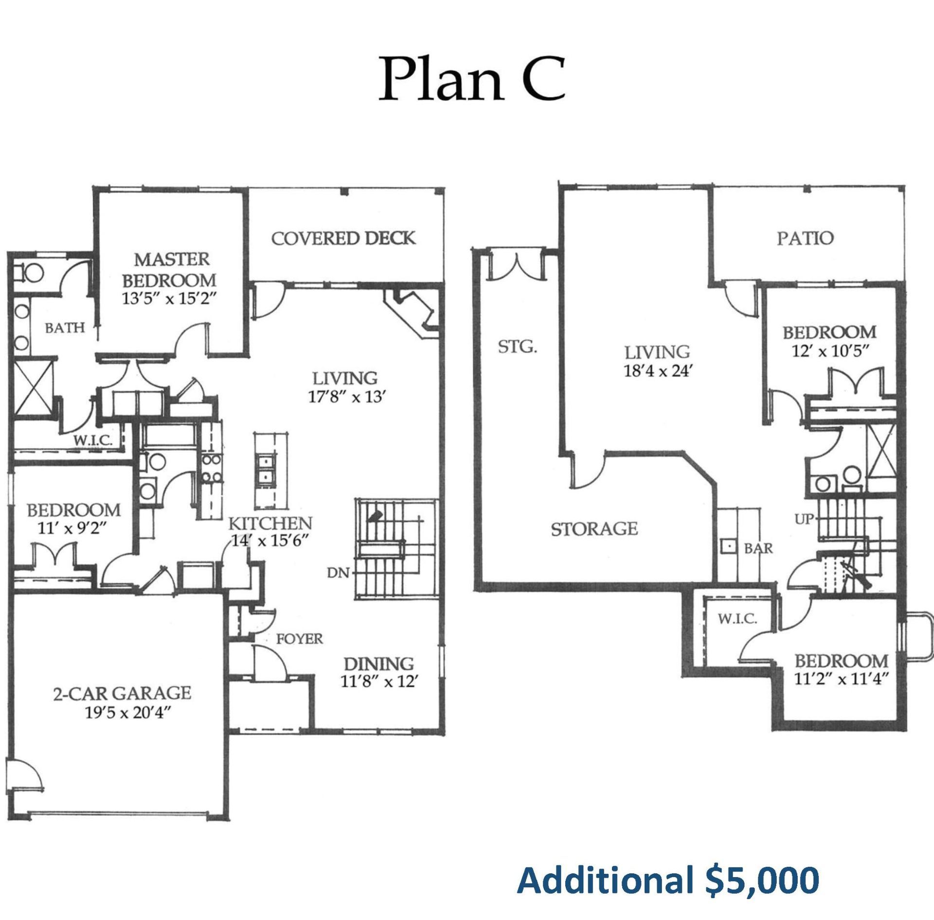 Plan C home floor plan with labeled rooms, garage, patio, and “Additional $5,000” note.