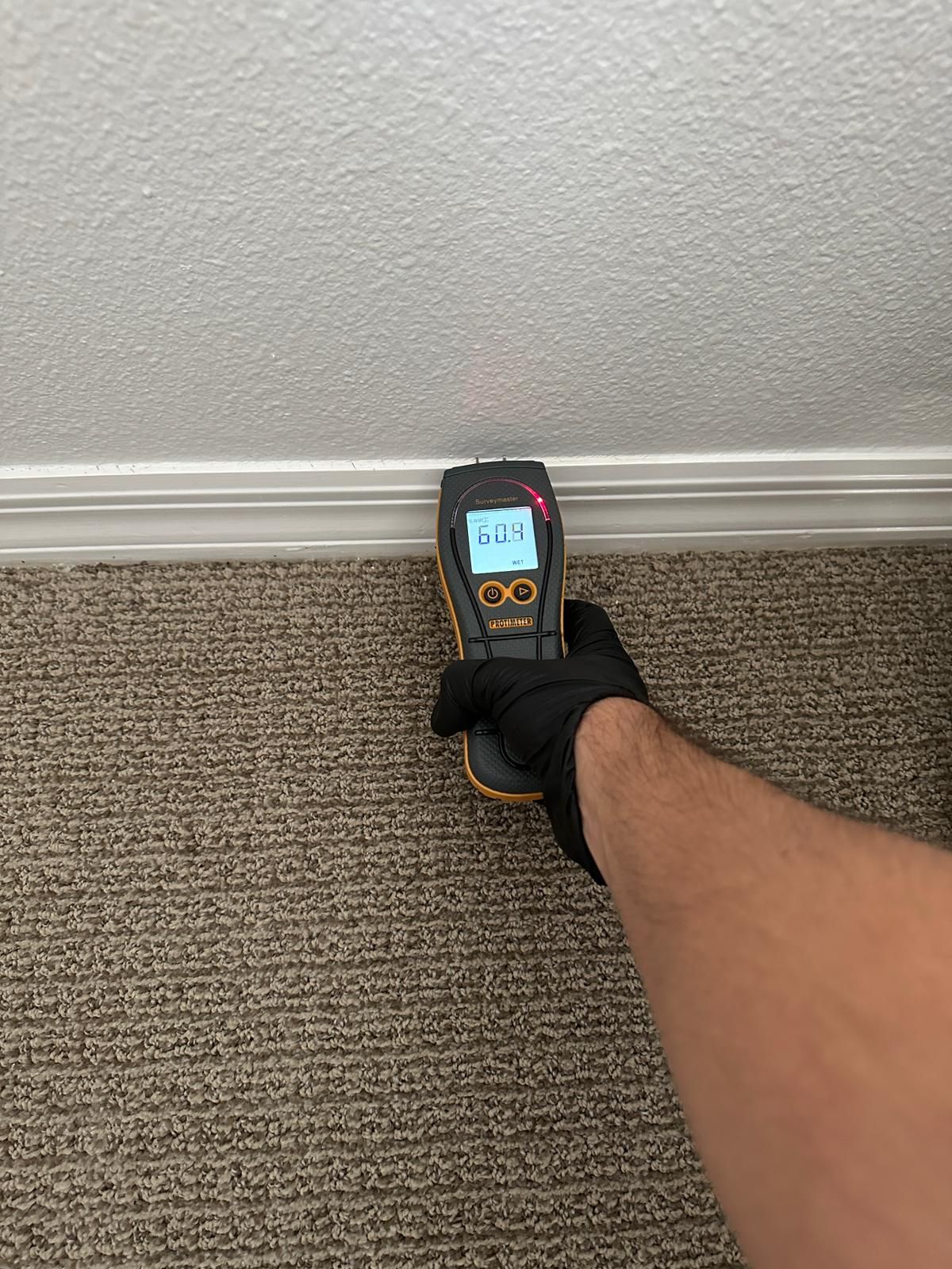 A person is using a moisture meter on a carpeted floor.
