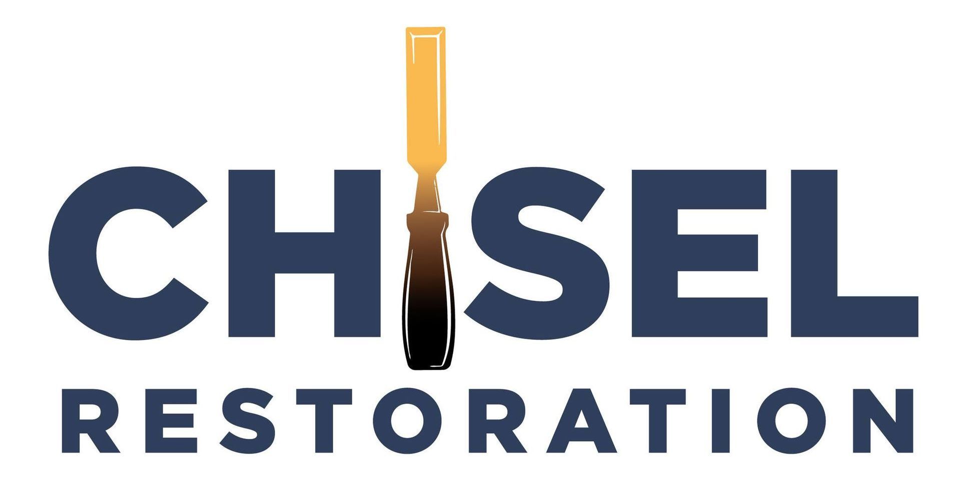 A logo for Chisel Restoration with a chisel in the middle.