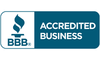 BBB Accredited Business logo, blue and white, features a flame and text.