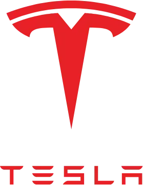 Tesla red logo with stylized T emblem and wordmark on a white background