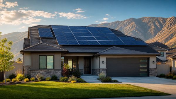 Modern house with solar panels on the roof, surrounded by a sunny green garden.