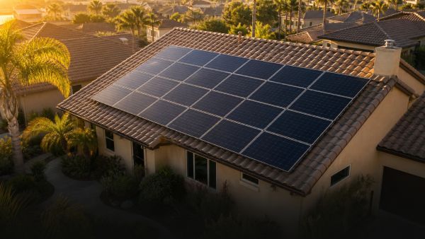 House with rooftop solar panels and a red tiled roof under a blue sky